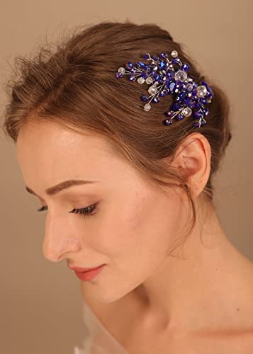 Denifery Blue Crystal Bride Wedding Hair pente prateado Cristal pêlo de pente de pente de pente de cabelo