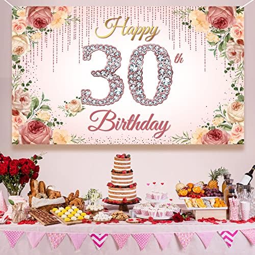 Htdzzi Feliz 30º aniversário Banner, decoração de 30 anos para mulheres, Rose Gold Floral 30º Aniversário de Festas de Festa, 30 anos de festa Photo Booth Props Setward Spletes, 6,1ft x 3,6ft