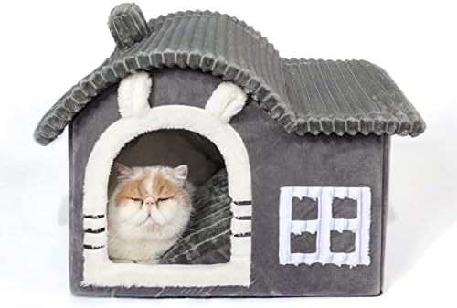 Jiupety Bear Cat House para gatos | Casa de gatos da chaminé para gatos internos | Espaço interior suficiente | Casa de animais de estimação para 3-15 libras gatos e filhotes | Cartoon Classic Chimney Cat House