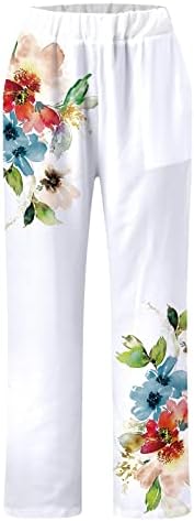 Palazzo de pernas largas femininas Palazzo calças de linho de algodão floral casual calça de praia de verão com bolsos