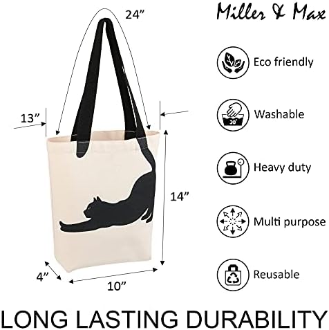 Miller & Max Canvas Bag para crianças, crianças, algodão, estampa de gato fofo, design durável com bolso interno, alças pretas, bolsa de lona branca de 12 oz para fazer compras, treinamento e caminhada