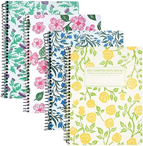 Decomposição 4 -Pack Flowery Bouquet College notebook em espiral - 9,75 x 7,5 Jornal com 160 páginas revestidas - papel reciclado - cadernos fofos para materiais escolares, casa e escritório - feitos nos EUA