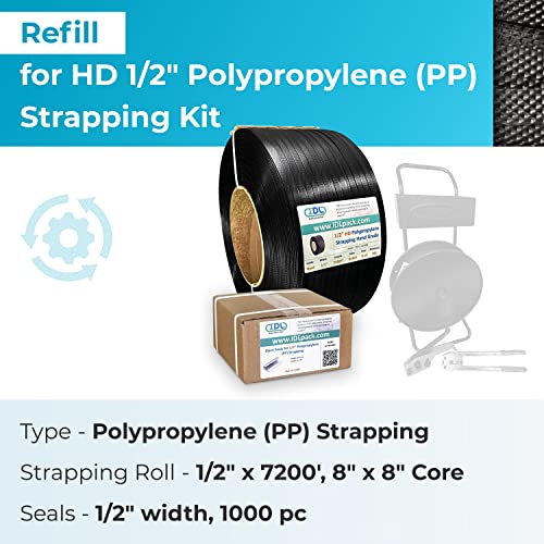 Reabastecimento de embalagem IDL para kits de cinta de polipropileno HD de 1/2 para estagos de embalagem - 1/2 x 7200 'Polipropileno Roll de 8 x 8 tamanho do núcleo e 1000 de 1/2 vedações abertas