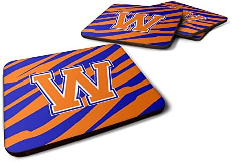 Tesouros de Caroline CJ1023 WFC Conjunto de 4 monograma - tira de tigre - Coasters de espuma laranja azul letra inicial