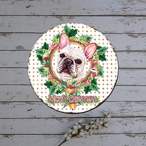 Metal Tin Christmas Sinais de cão em grinalda floral redonda lata de metal sinal de natal decoração de parede
