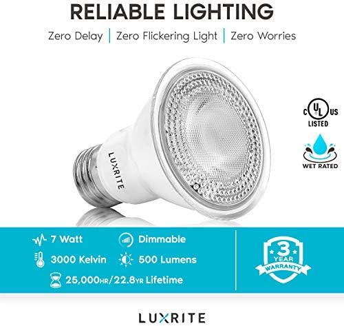 Luxrite 12 pack par20 lâmpadas LED, equivalente 50W, 3000k Branco macio, lâmpada de destaque LED diminuído, externo interno,