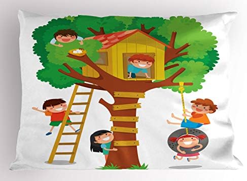 Ambesonne Cartoon Pillow Sham, meninos e meninas alegres brincando em uma casa de árvore, amigos felizes, almofada de tamanho padrão decorativo, 26 x 20, multicolor