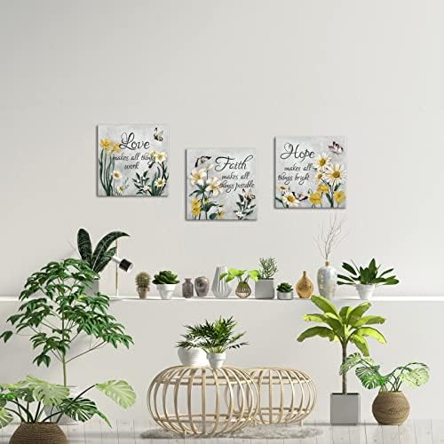Arte de parede de flor de esquionart para quarto cinza e amarelo Butterfly Floral Painturas Faith Hope Love Quotes Inspirational