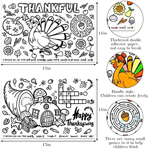 Placemats para colorir de Ação de Graças grandes para crianças decorações de mesa de outono artesanato de papel, colorir seus próprios tapetes de artesanato de outono para atividade agradecida ， 6 lençóis peru ， 6 folhas de abóbora 11x17 polegadas