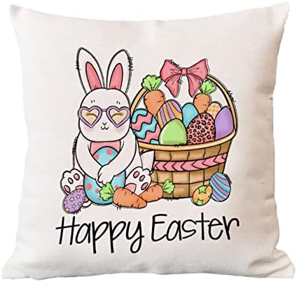 Feliz travesseiro de travesseiro de páscoa da Páscoa Casa de coelho colorida bem -vindo à almofada floral de almofada floral travesseiro