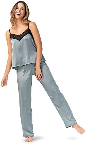 Anae - Pijama de cetim de renda branca - camisa listrada e calça Conjunto - azul - sono confortavelmente - roupas