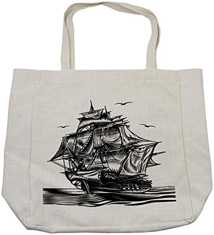 Bolsa de compras de navios piratas de Ambesonne, ilustração de estilo de arte náutica de linha com veleiros vintage em águas exóticas,