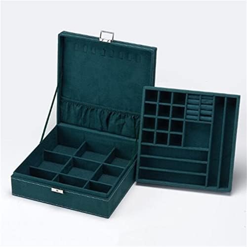 Caixa de jóias de viagem portátil de dupla camada com veludo verde de veludo de veludo verde, estojo de armazenamento organizador para