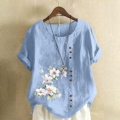 Camiseta floral de blusa gráfica para mulheres 2023 Manga curta Cotton Crewneck Button Up Lounge