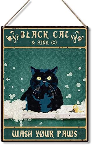 Retro Black Cat & Sink Co. Lave suas patas de placa de madeira pendurada na placa de madeira pendurada, sinal de citação engraçado para