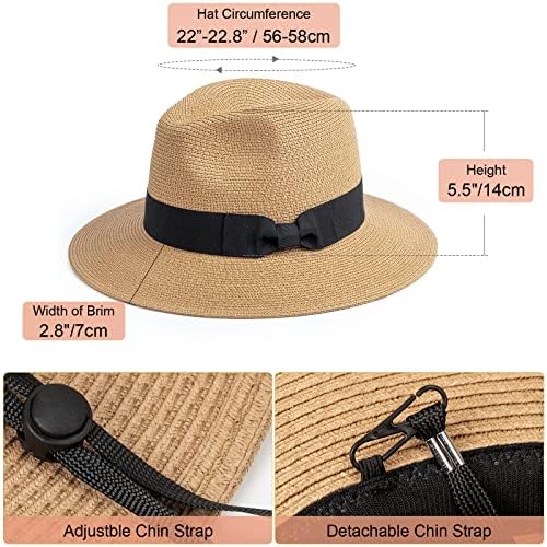 Drechow Women Straw Straw Hat Hat Hat Travel Fedora Beach Sun Hat Summer Wide Brim Stravo Roll Up Upf 50+